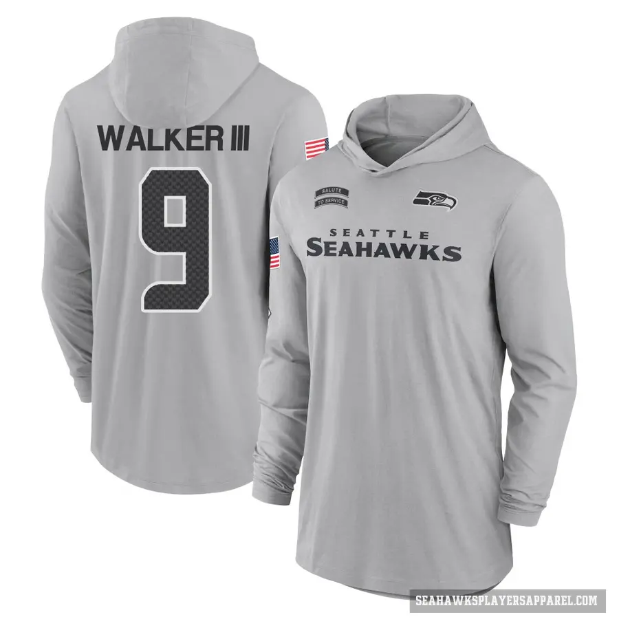 Youth ＃9 Kenneth Walker III Seattle Seahawks Gray 2024 Salute to Service Lightweight Performance Long Sleeve Hooded T-Shirt