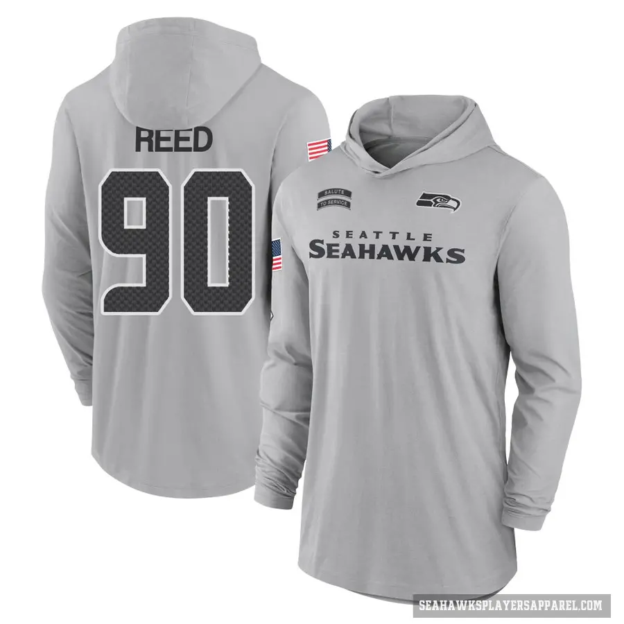 Youth ＃90 Jarran Reed Seattle Seahawks Gray 2024 Salute to Service Lightweight Performance Long Sleeve Hooded T-Shirt