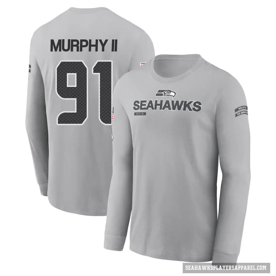 Youth ＃91 Byron Murphy II Seattle Seahawks Gray 2024 Salute to Service Long Sleeve T-Shirt