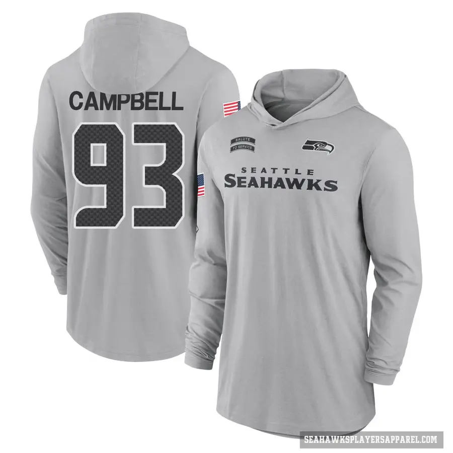 Youth ＃93 Anthony Campbell Seattle Seahawks Gray 2024 Salute to Service Lightweight Performance Long Sleeve Hooded T-Shirt
