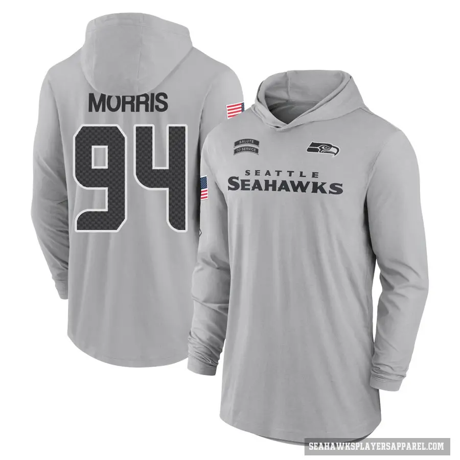 Youth ＃94 Mike Morris Seattle Seahawks Gray 2024 Salute to Service Lightweight Performance Long Sleeve Hooded T-Shirt