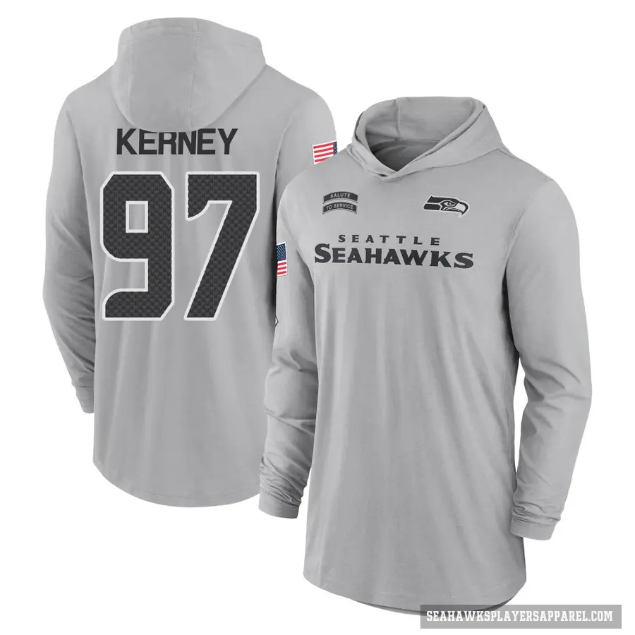 Youth ＃97 Patrick Kerney Seattle Seahawks Gray 2024 Salute to Service Lightweight Performance Long Sleeve Hooded T-Shirt